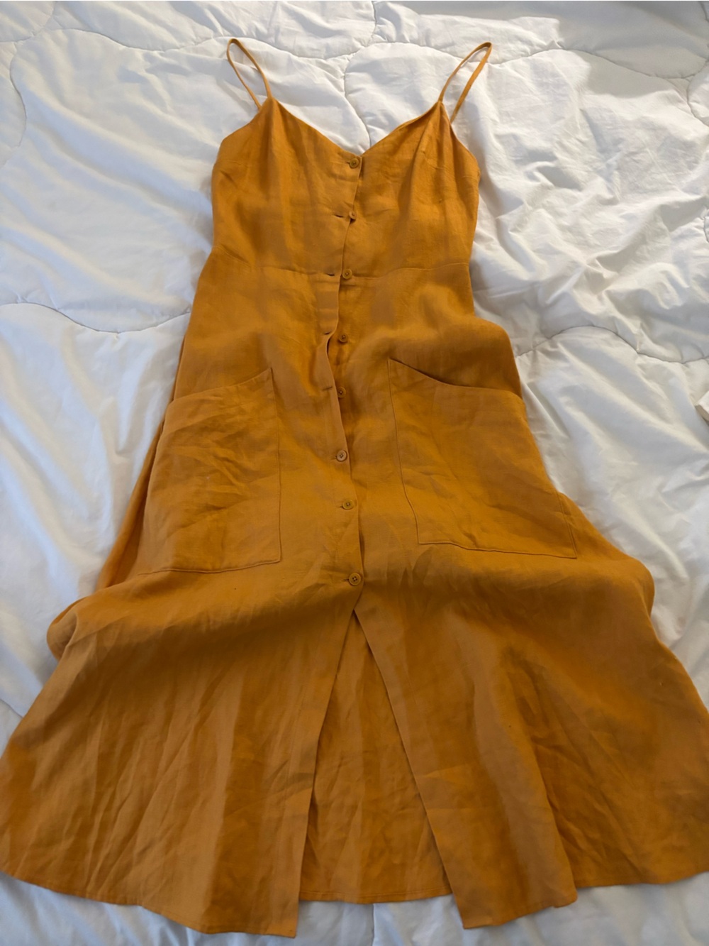 Women's Mustard Button-Front Linen Dress with Pockets Reformation